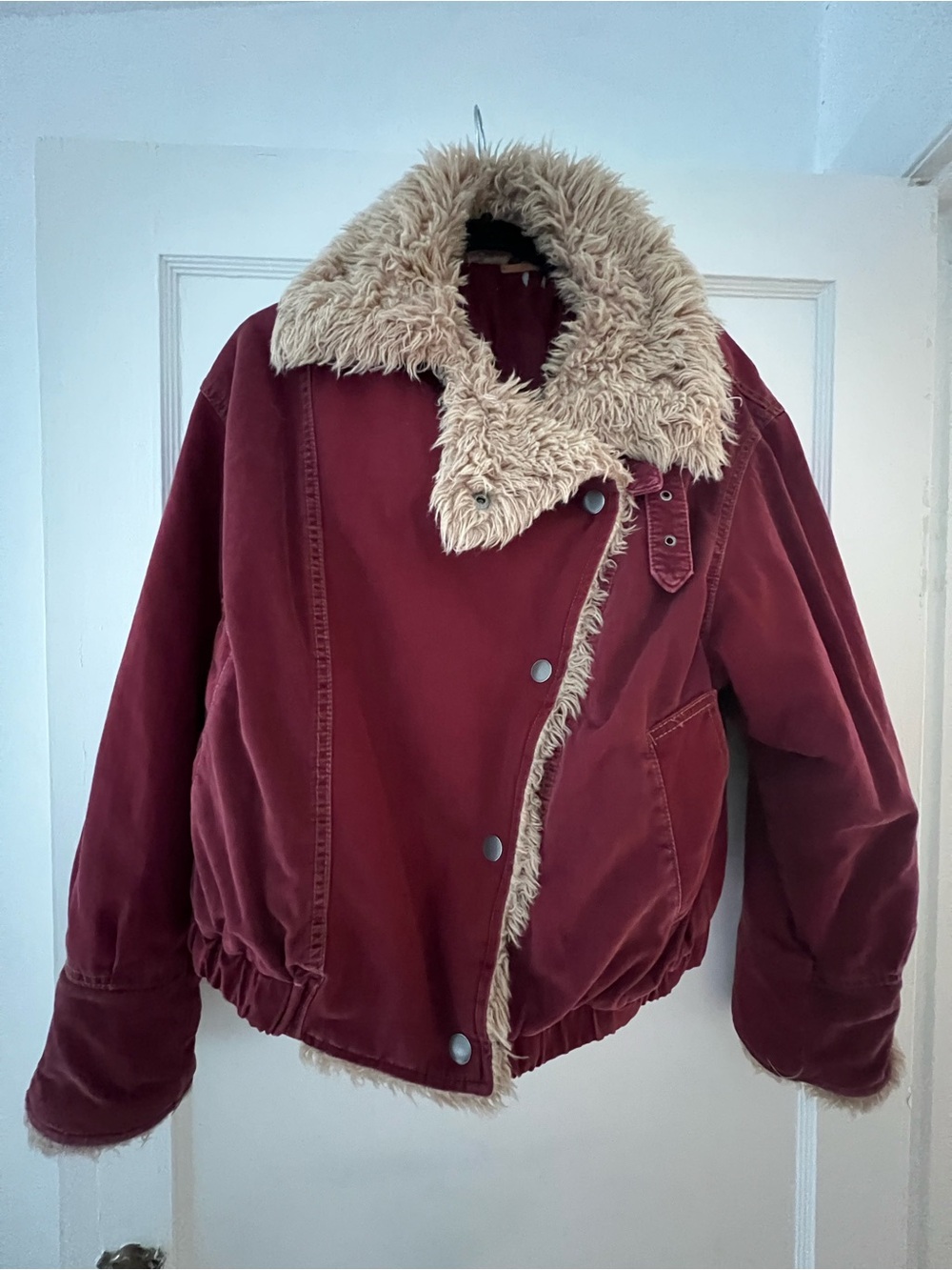 Free People Burgundy Teddy-Lined Snap Jacket with Cream Shearling Collar